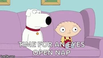 A Cartoon Of A Dog And A Boy Sitting On A Couch With The Words `` Time For An Eyes Open Nap '' GIF