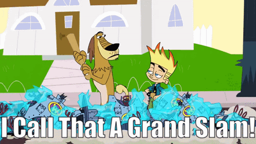 A Cartoon Of A Dog And A Boy With The Words " I Call That A Grand Slam " GIF