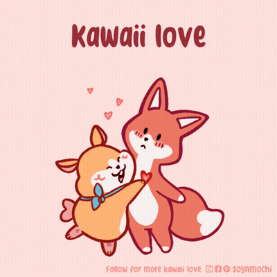 A Cartoon Of A Dog And A Fox Hugging With The Words " Kawaii Love " Above Them GIF