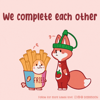 A Cartoon Of A Dog And A Fox With The Words We Complete Each Other GIF