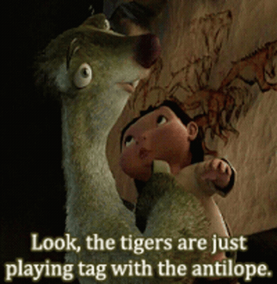 A Cartoon Of A Dog And A Little Girl With A Caption That Says Look The Tigers Are Just Playing Tag With The Antilope GIF