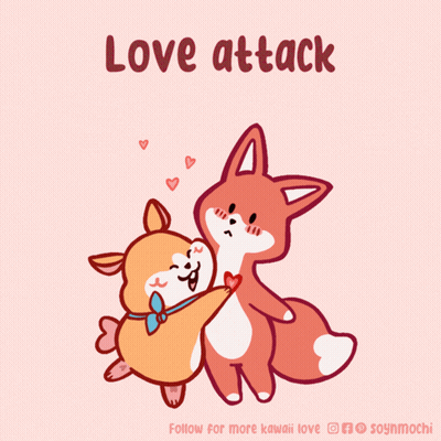 A Cartoon Of A Dog And Fox Hugging With The Words Love Attack Below Them GIF