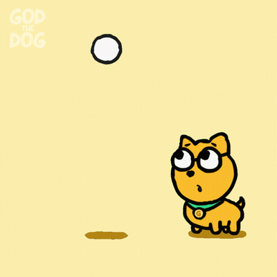 A Cartoon Of A Dog Catching A Ball With The Words God The Dog Below GIF