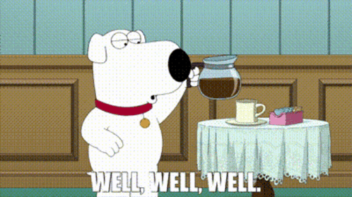 Dog Drinking Coffee With Well Well Well Text GIF