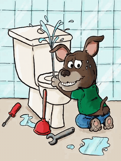 A Cartoon Of A Dog Fixing A Toilet GIF