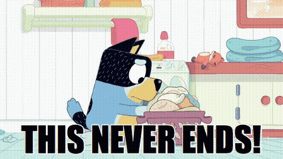 A Cartoon Of A Dog Holding A Basket Of Food With The Words This Never Ends GIF