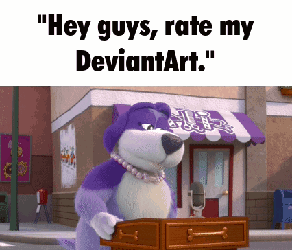 A Cartoon Of A Dog Holding A Box That Says " Hey Guys Rate My Deviantart " GIF