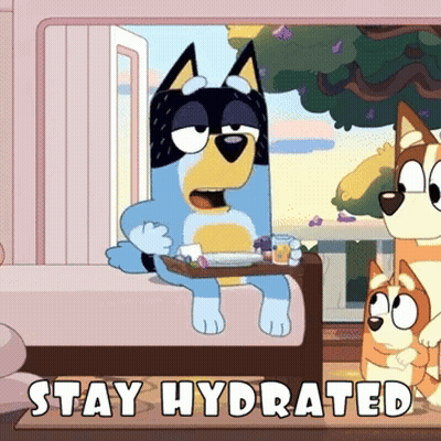 A Cartoon Of A Dog Holding A Tray Of Food With The Words Stay Hydrated Below It GIF