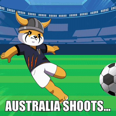A Cartoon Of A Dog Kicking A Soccer Ball With The Words Australia Shoots Below It GIF