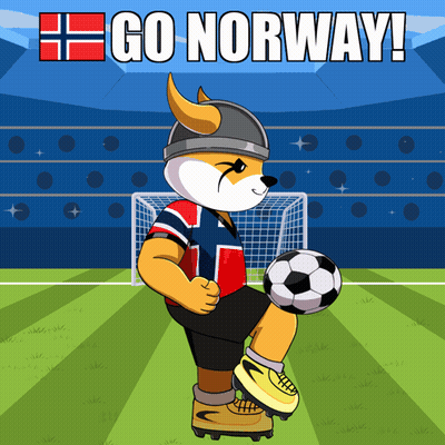 A Cartoon Of A Dog Kicking A Soccer Ball With The Words " Go Norway " Above Him GIF