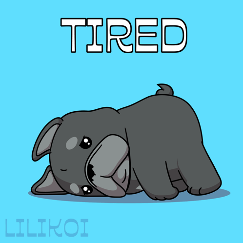 a cartoon of a dog laying down with the word tired written above it