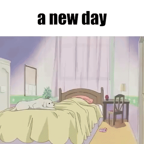 A Cartoon Of A Dog Laying On A Bed With The Words A New Day Above It GIF