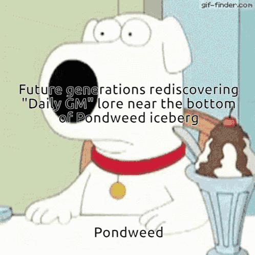 A Cartoon Of A Dog Next To A Cup Of Ice Cream That Says Pondweed On It GIF