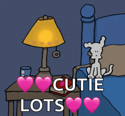 A Cartoon Of A Dog On A Bed With The Words Cutie Lots Above It GIF