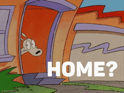 A Cartoon Of A Dog Peeking Out Of A Door With The Words Home Written Below It GIF