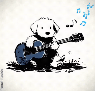A Cartoon Of A Dog Playing A Guitar With The Words Gimme Gimme Shelter GIF