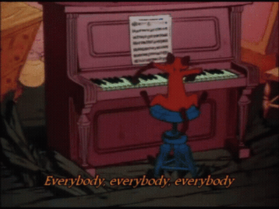 A Cartoon Of A Dog Playing A Piano With The Words " Everybody Everybody Everybody " GIF