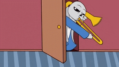 A Cartoon Of A Dog Playing A Trombone In A Doorway . GIF