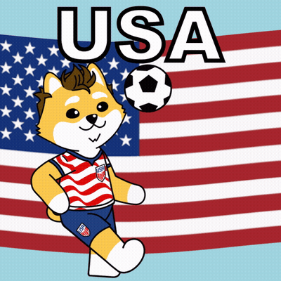 A Cartoon Of A Dog Playing Soccer In Front Of An American Flag That Says Usa GIF