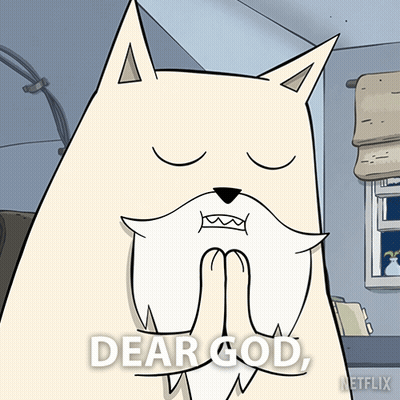 A Cartoon Of A Dog Praying With The Words Dear God On The Bottom Right GIF
