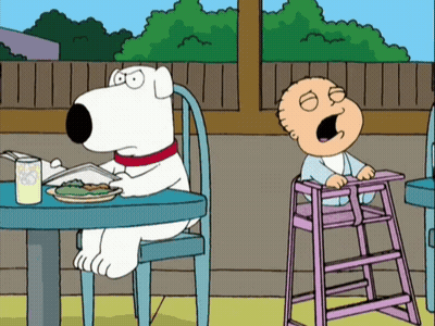 A Cartoon Of A Dog Reading A Book Next To A Baby In A Pink High Chair GIF