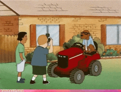 A Cartoon Of A Dog Riding A Lawn Mower With The Website Rofrazzi.com At The Bottom GIF