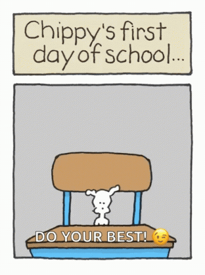 A Cartoon Of A Dog Sitting At A Desk That Says " Chippy 'S First Day Of School " GIF