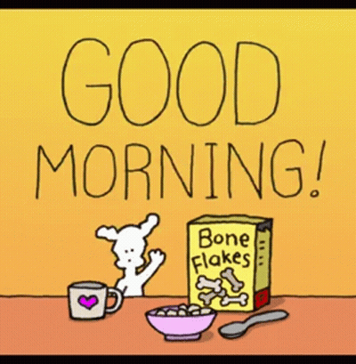 A Cartoon Of A Dog Sitting At A Table With A Box Of Bone Flakes GIF