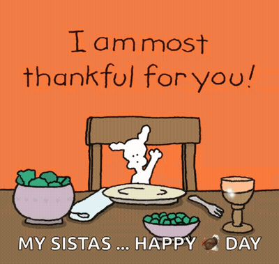 A Cartoon Of A Dog Sitting At A Table With A Plate Of Food And The Words " I Am Most Thankful For You " GIF