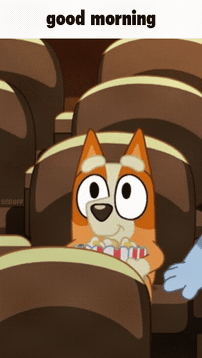 A Cartoon Of A Dog Sitting In A Theater Eating Popcorn GIF