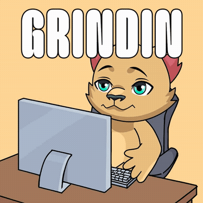 A Cartoon Of A Dog Sitting In Front Of A Computer With The Word Grindin Written Above Him GIF