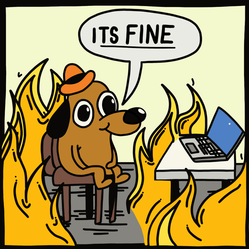 A Cartoon Of A Dog Sitting In Front Of A Laptop With A Speech Bubble Saying It 'S Fine GIF