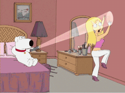 A Cartoon Of A Dog Sitting On A Bed Next To A Woman Standing In Front Of A Mirror GIF