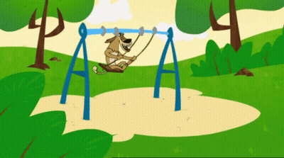 A Cartoon Of A Dog Sitting On A Swing With The Letter A In The Background GIF