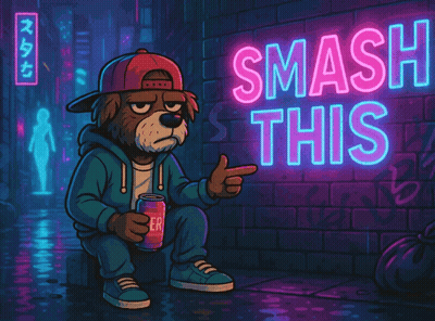 A Cartoon Of A Dog Sitting Under A Neon Sign That Says Smash This GIF