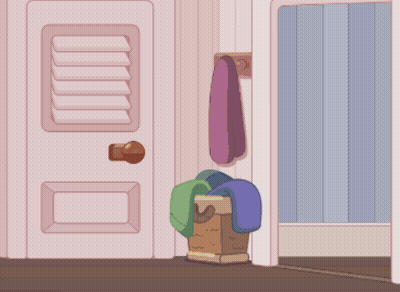 A Cartoon Of A Dog Standing In Front Of A Door With A Basket Of Clothes On The Floor GIF