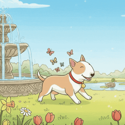 A Cartoon Of A Dog Standing In Front Of A Fountain With Butterflies Flying Around It GIF
