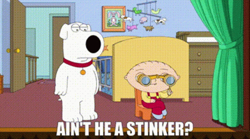 A Cartoon Of A Dog Standing Next To A Baby With The Words " Ain 'T He A Stinker " Below It GIF