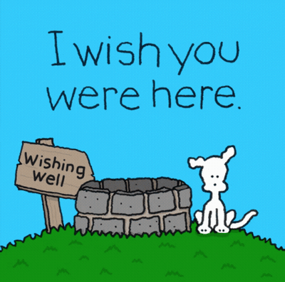 A Cartoon Of A Dog Standing Next To A Wishing Well Sign GIF