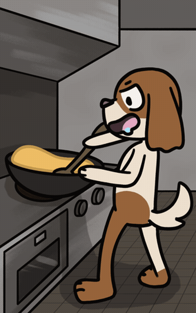 A Cartoon Of A Dog Stirring Something In A Frying Pan GIF