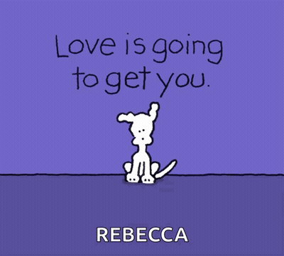 A Cartoon Of A Dog Surrounded By Pink Hearts With The Name Rebecca On The Bottom GIF
