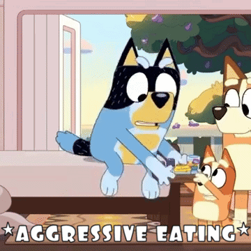 A Cartoon Of A Dog That Says Aggressive Eating On The Bottom GIF