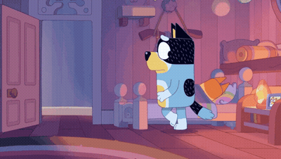 A Cartoon Of A Dog Walking Into A Bedroom With A Bed GIF