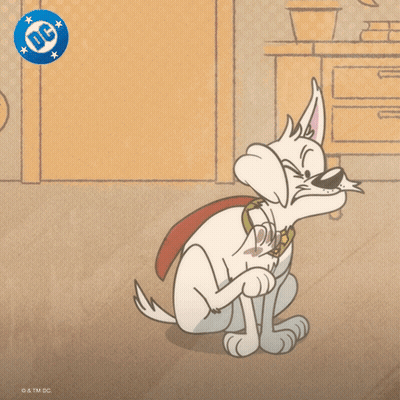 A Cartoon Of A Dog Wearing A Superman Costume With A Dc Logo In The Background GIF