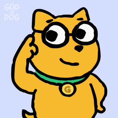 A Cartoon Of A Dog Wearing Glasses And A Green Collar With The Words God The Dog Above It GIF