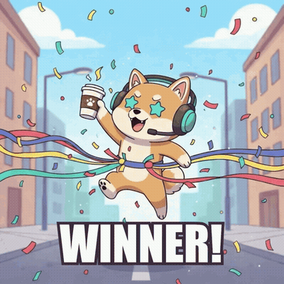 A Cartoon Of A Dog Wearing Headphones And Holding A Cup Of Coffee With The Word Winner In The Corner GIF