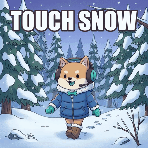 A Cartoon Of A Dog Wearing Headphones Walking Through The Snow With The Words Touch Snow Above Him GIF