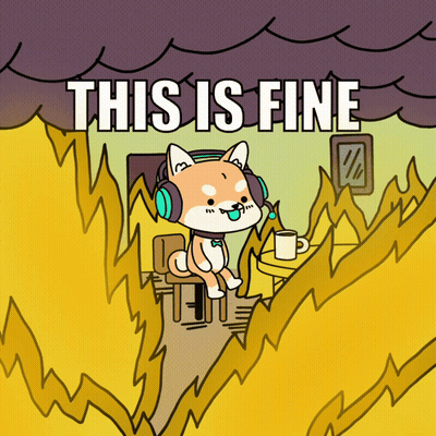 A Cartoon Of A Dog Wearing Headphones With The Words " This Is Fine " Above It GIF