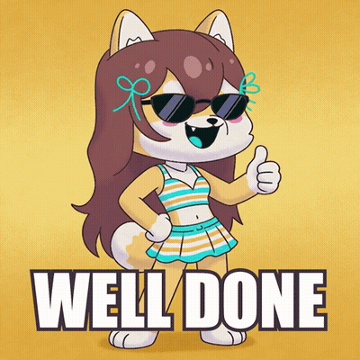 A Cartoon Of A Dog Wearing Sunglasses Giving A Thumbs Up And The Words Well Done Below Her GIF