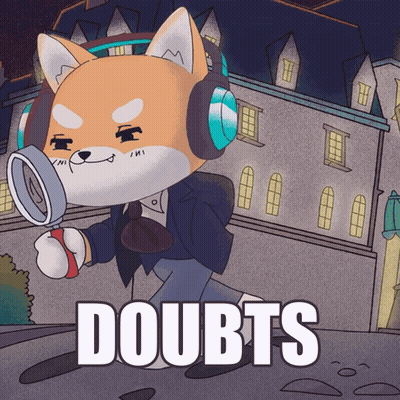 A Cartoon Of A Dog With Headphones And A Magnifying Glass With Doubts Written On The Bottom GIF